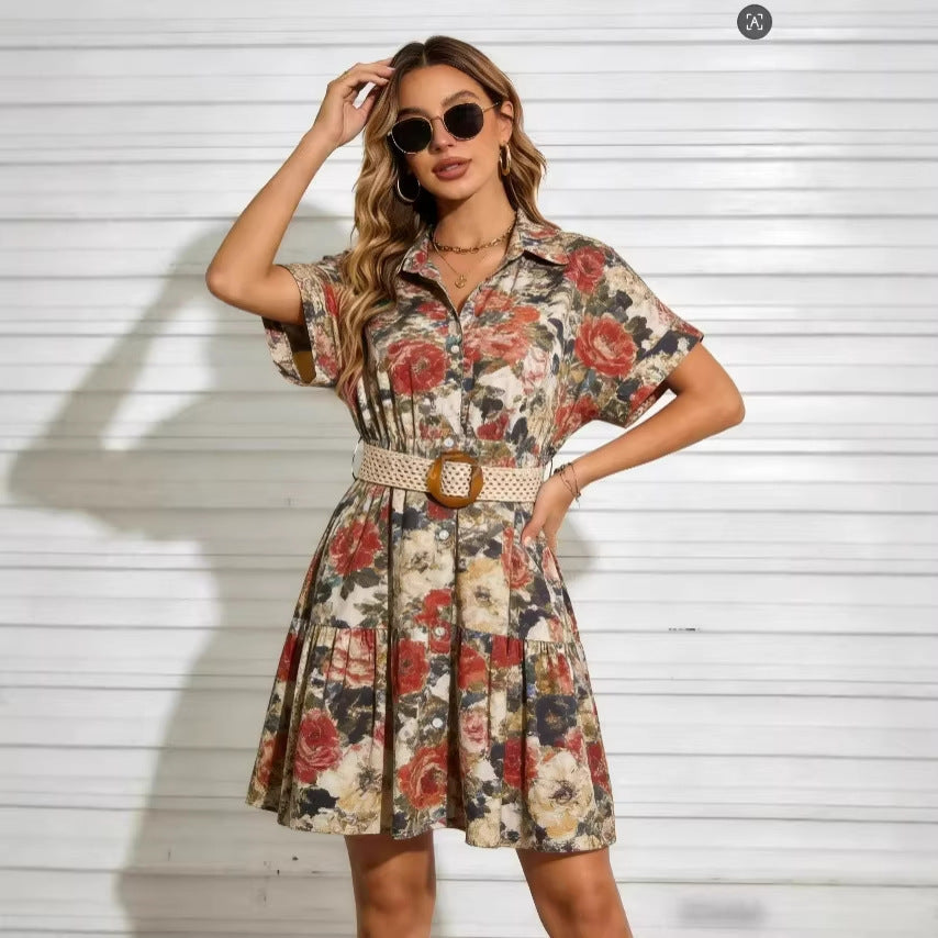Women’s Belted Short Sleeve Midi Dress