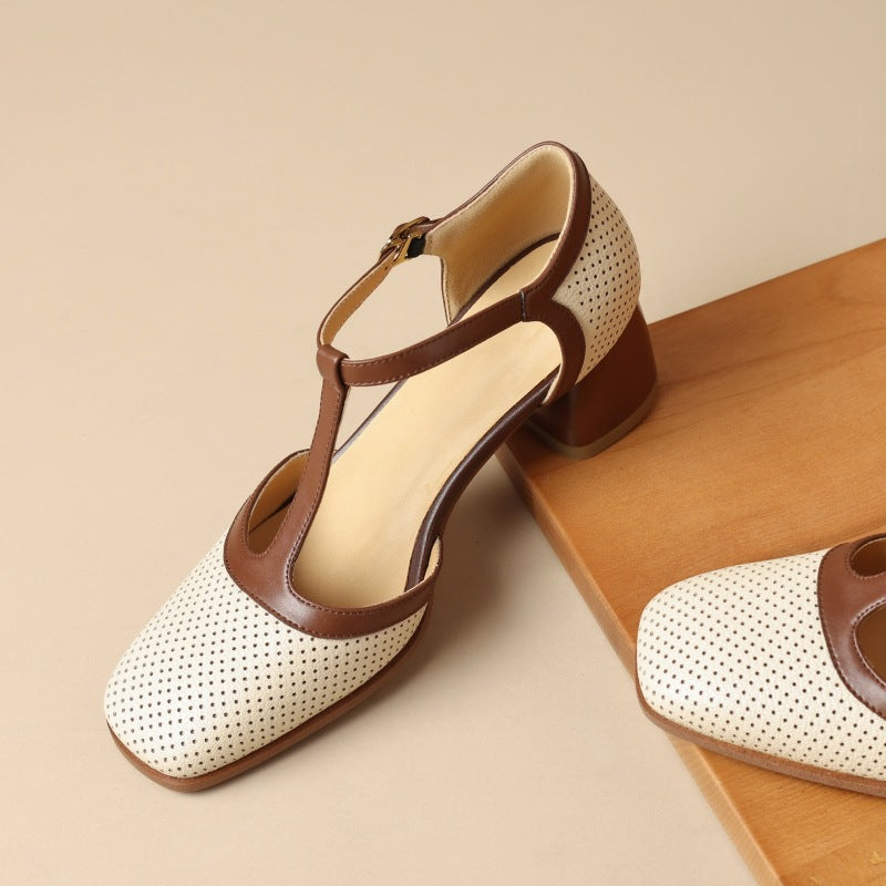 Women's Leather T-Strap Mule Sandals