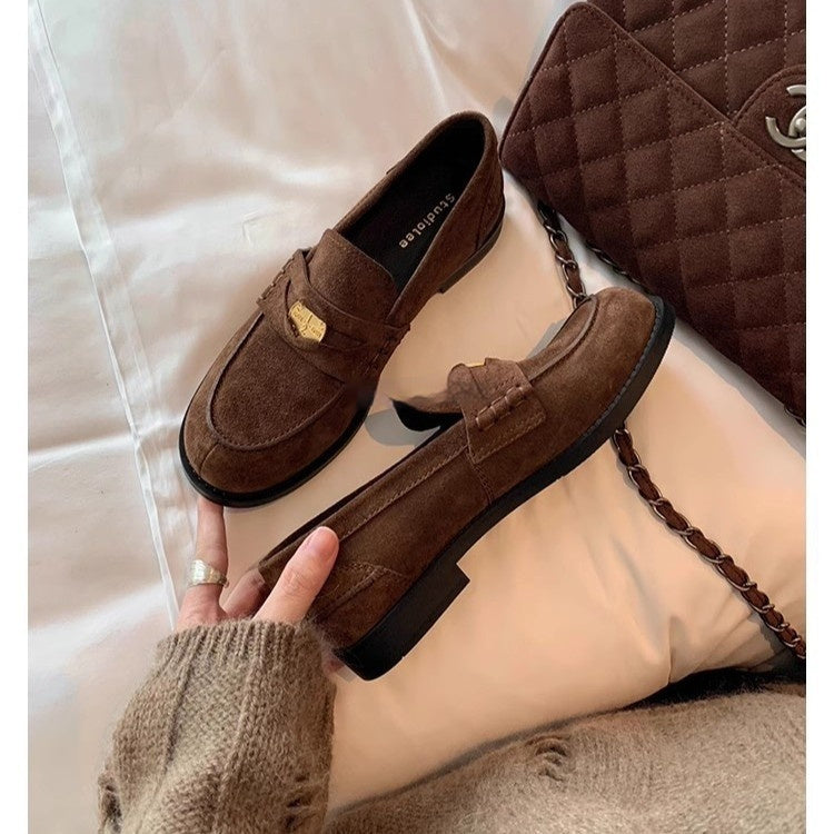 Women's British-Style Gold Coin Loafers | Block Heel Leather Slip-Ons