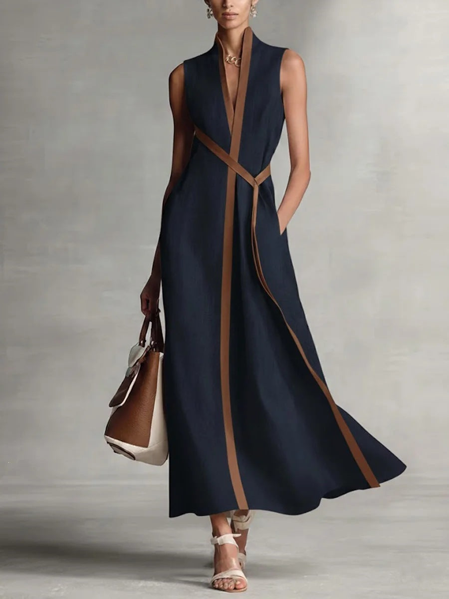 Women's Color Block Sleeveless Stand Collar Dress