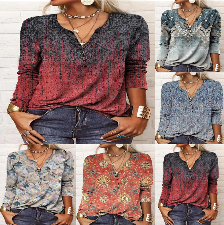 Women's Ethnic Print V-Neck Long Sleeve Loose T-Shirt