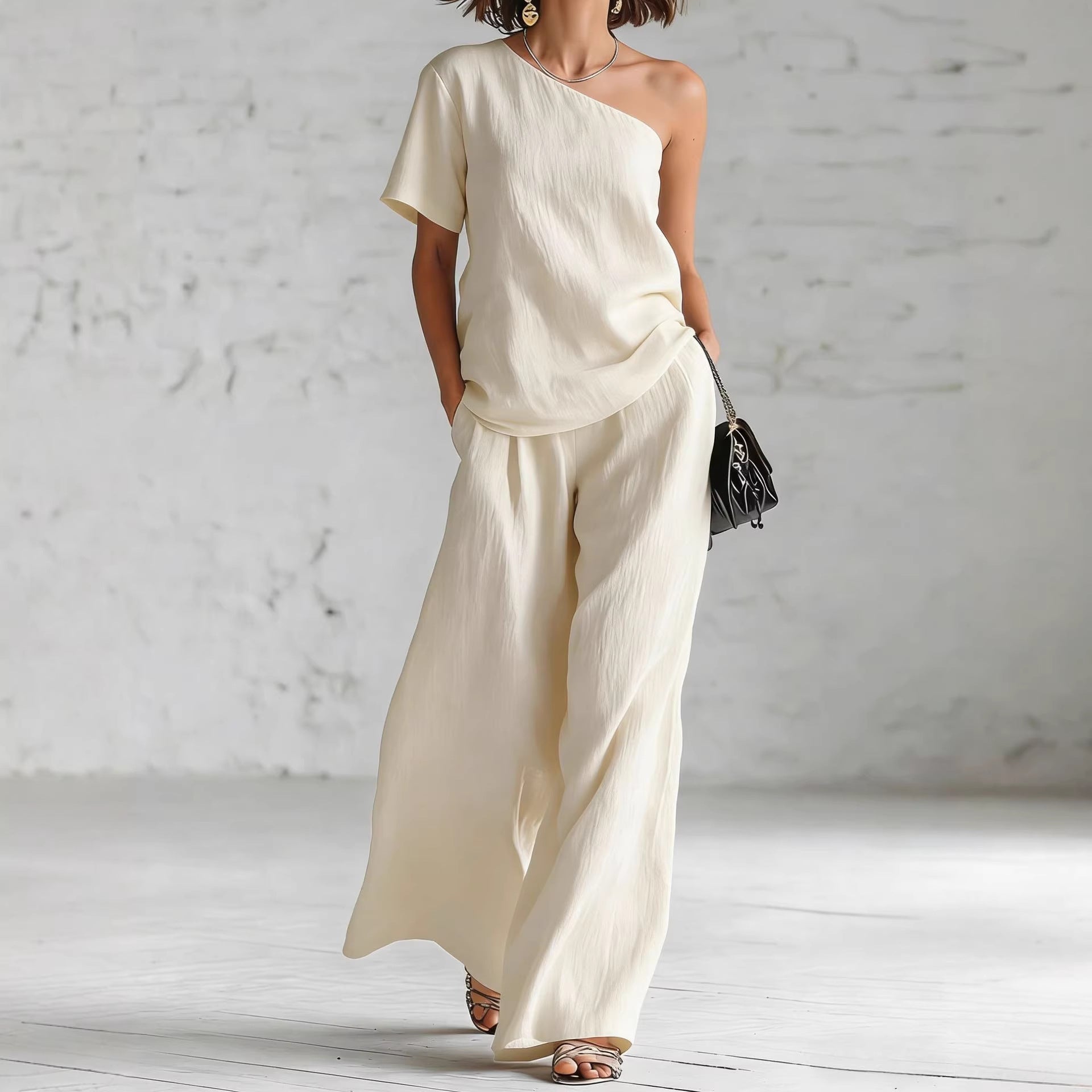 Women's Wide-Leg Pants & Top Set – 2-Piece Three-Quarter Sleeve Outfit