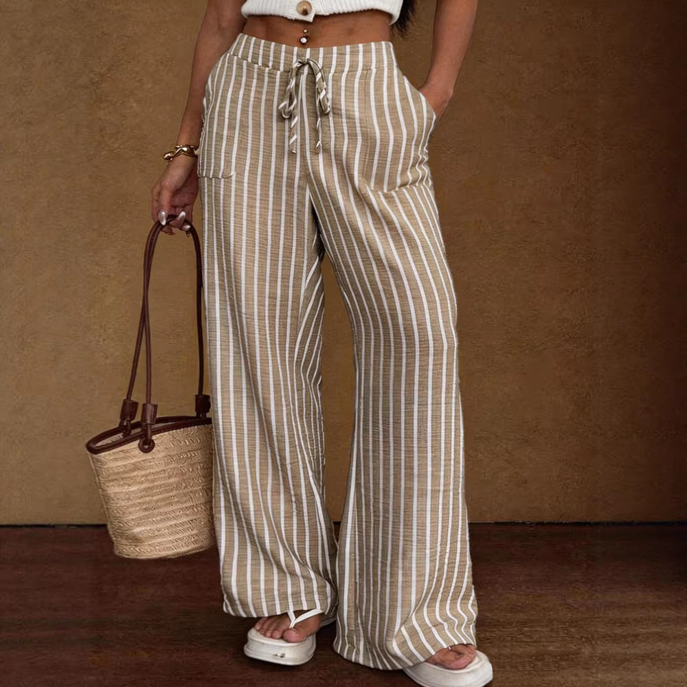 Women's Striped Wide-Leg Trousers – Lace-Up Elastic Waist Loose Fit