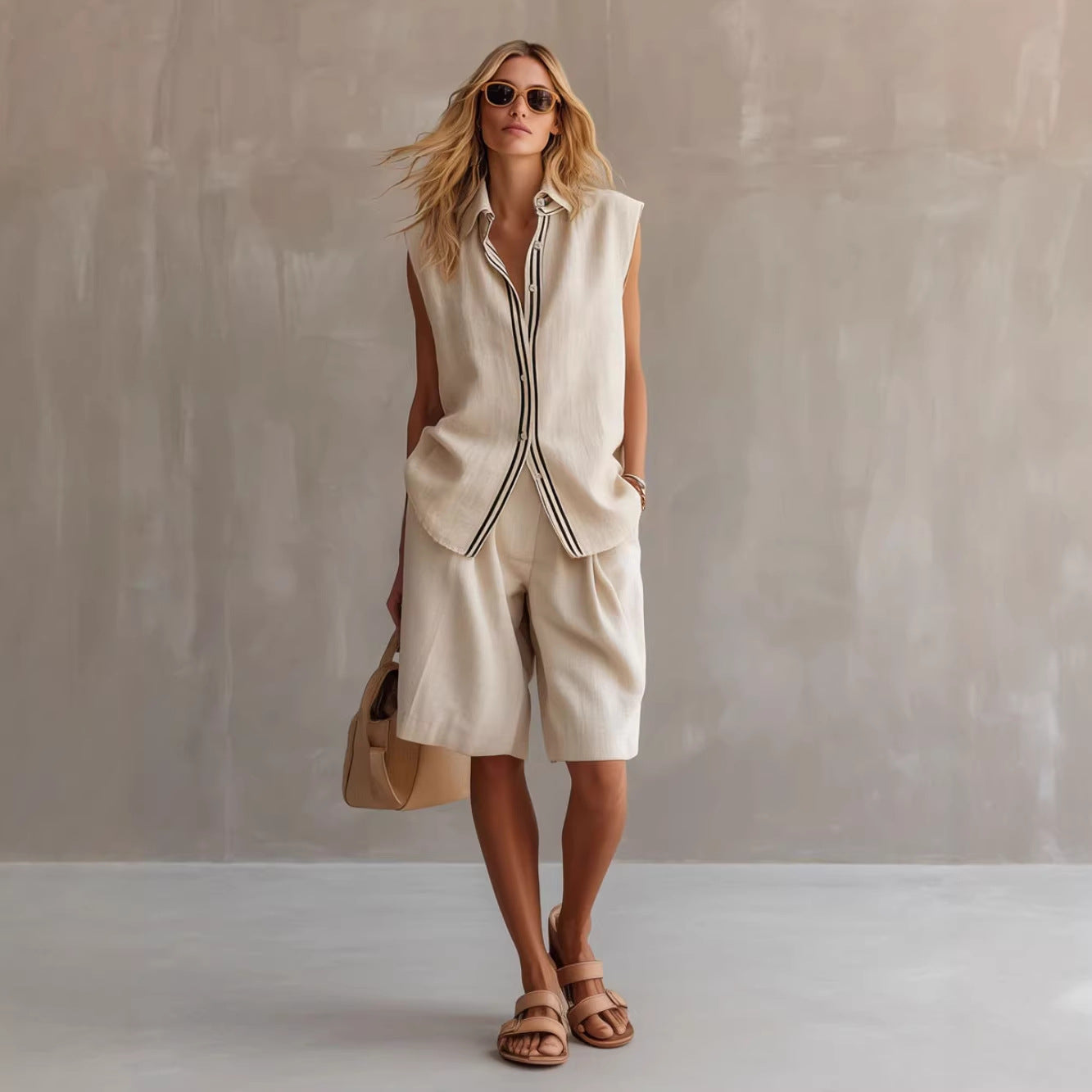 Women's Linen Shirt and Shorts Set – Sleeveless Summer Two-Piece