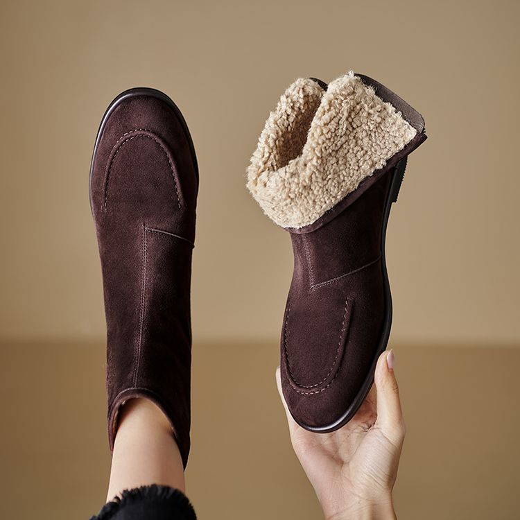 Women’s Fleece-Lined Ankle Boots – Round Toe Low Heel Winter Boots