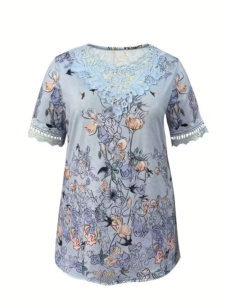 Plus Size Floral Print Lace-Trim Top – Women's V-Neck Short Sleeve Elegant Blouse