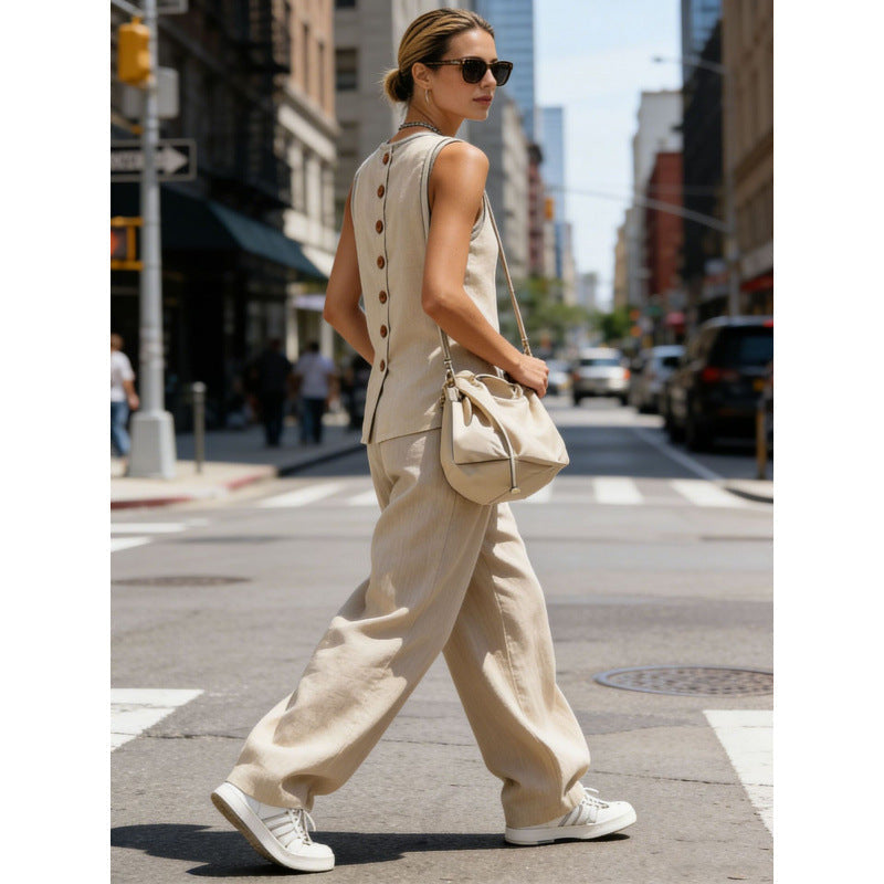 Women's Sleeveless Cardigan Top & Pants Two-Piece Set