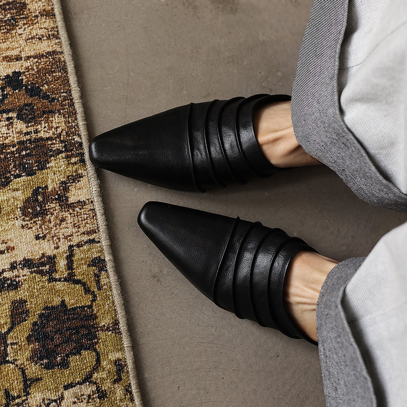 Handmade Sheepskin Ruched Mule Slides – Square Toe Low Heel