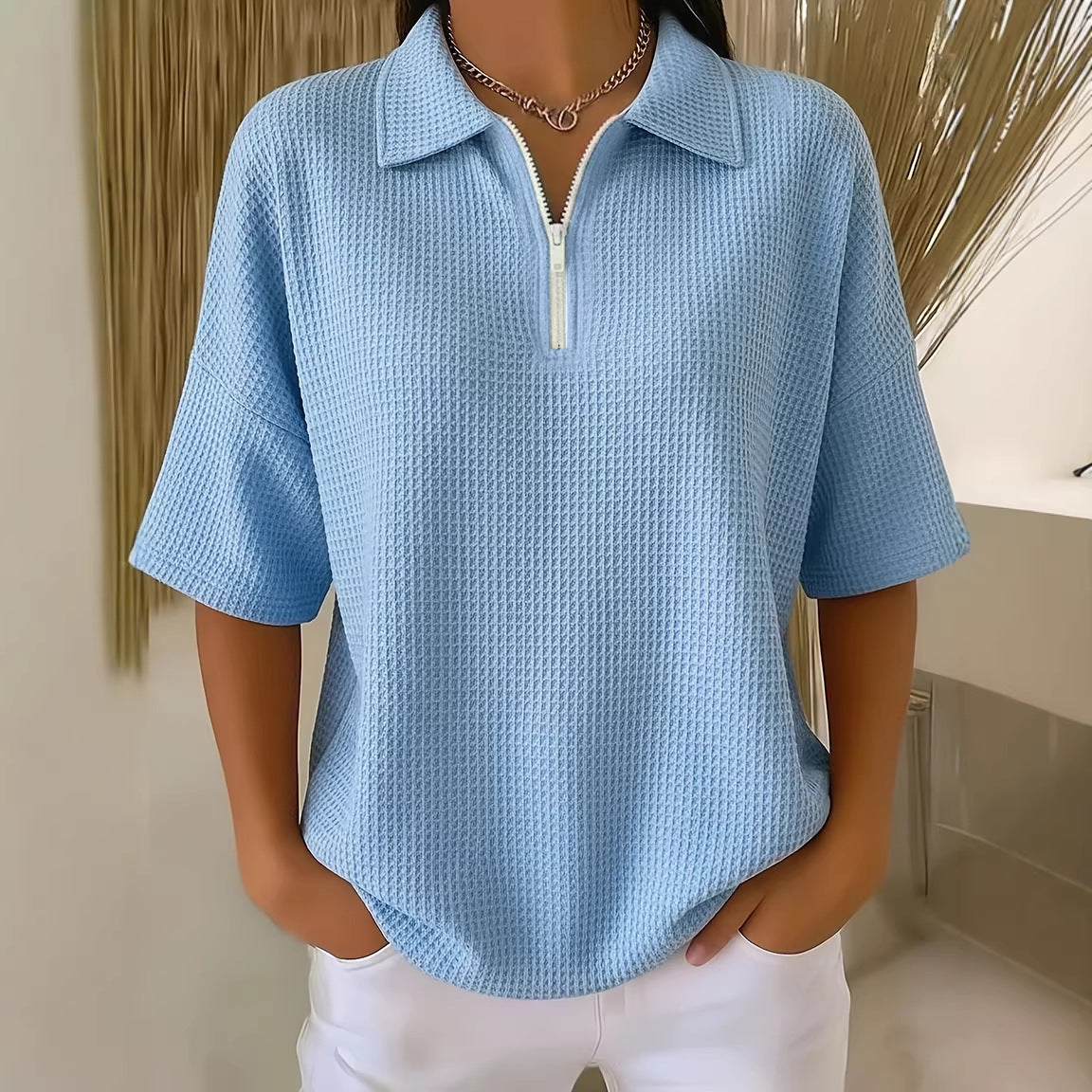 Drop Shoulder Half-Zip Waffle Knit Top – 3/4 Sleeve Pullover
