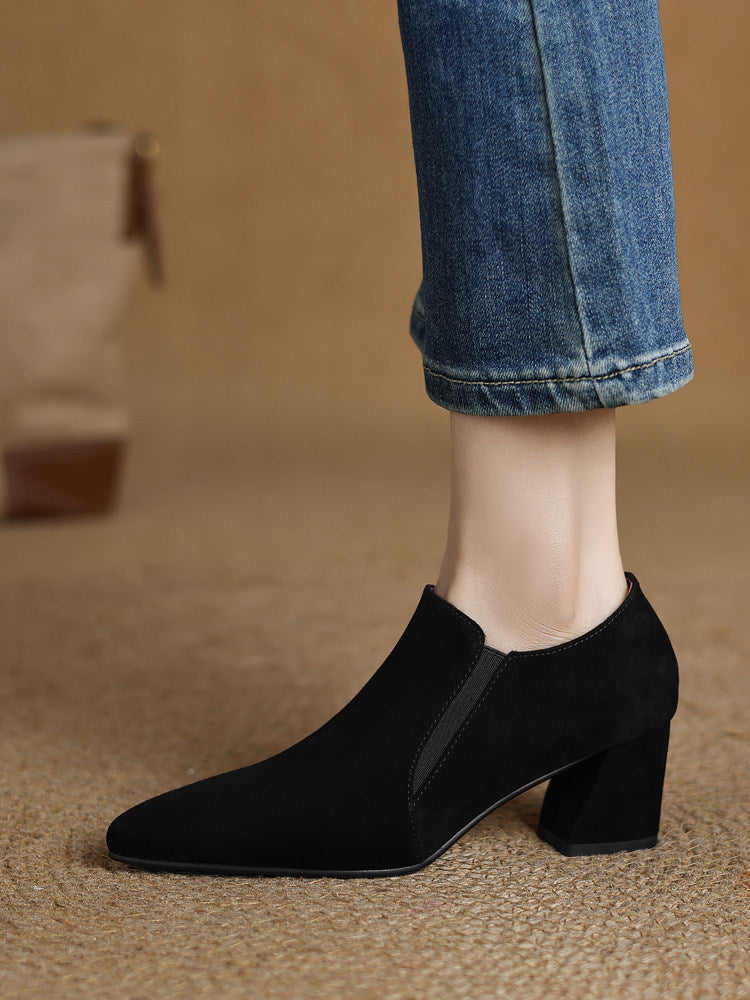 Women's Suede Pointed Toe Chunky Heel Pumps – Deep Vamp Low Heel