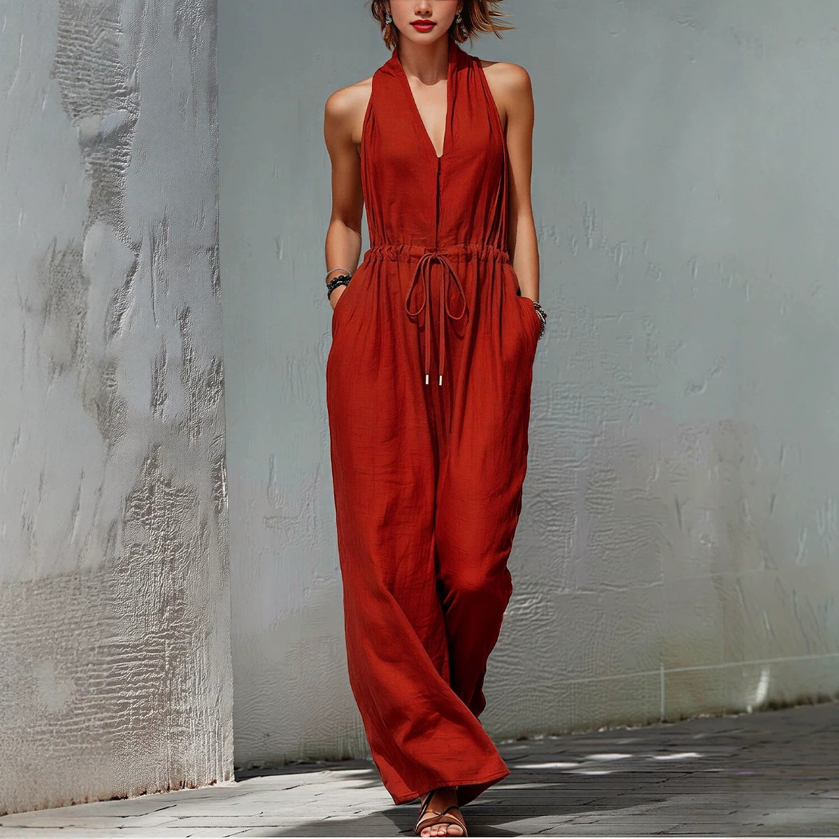 Women's Sleeveless Halter Neck Solid Color Long Jumpsuit