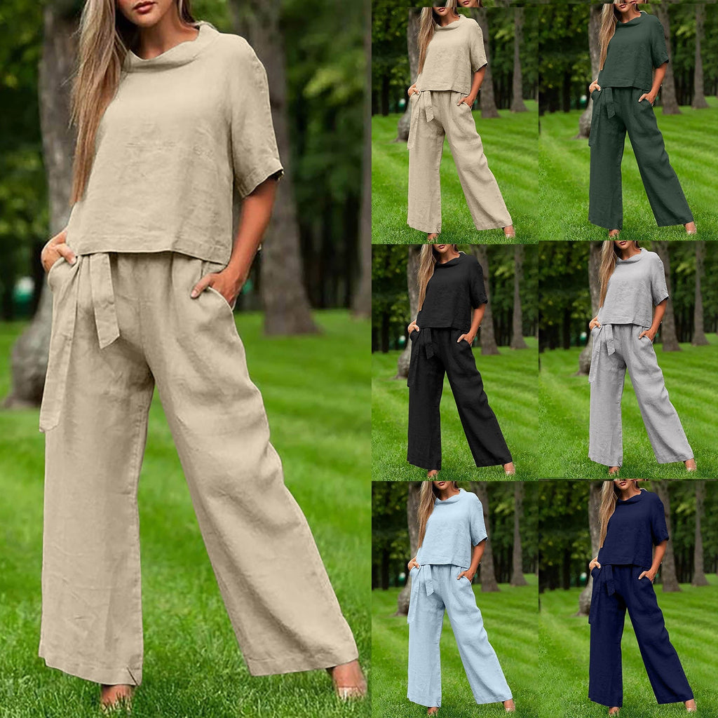Round-Neck 3/4 Sleeve Top & Pants Two-Piece Set – 6 Colors, S–XXL
