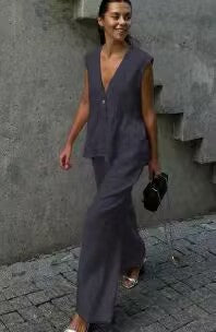 Women’s Cotton V-Neck Sleeveless Vest and Wide-Leg Pants Set