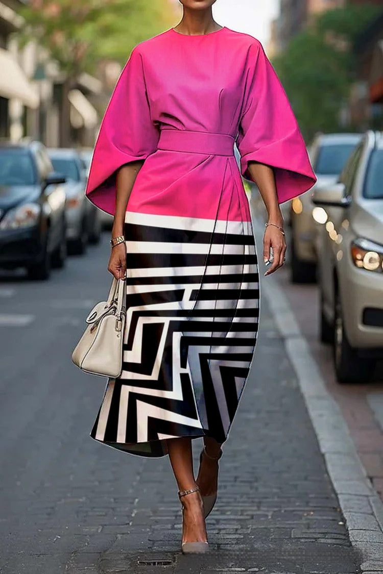 Geometric Print Batwing Sleeve Flowy Maxi Dress – 12 Styles, XS–XXXL