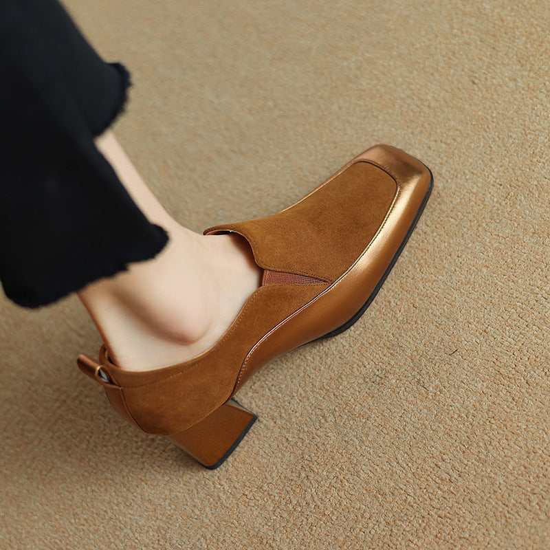 Women's Retro Cowhide Square Toe Chunky Heel Slip-On Pumps