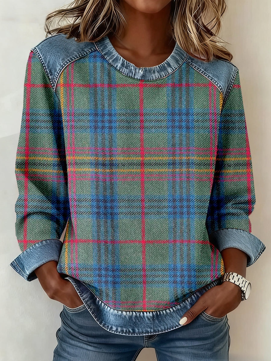 Denim Collar Patchwork Pullover Knitwear Top – Women’s Street Style