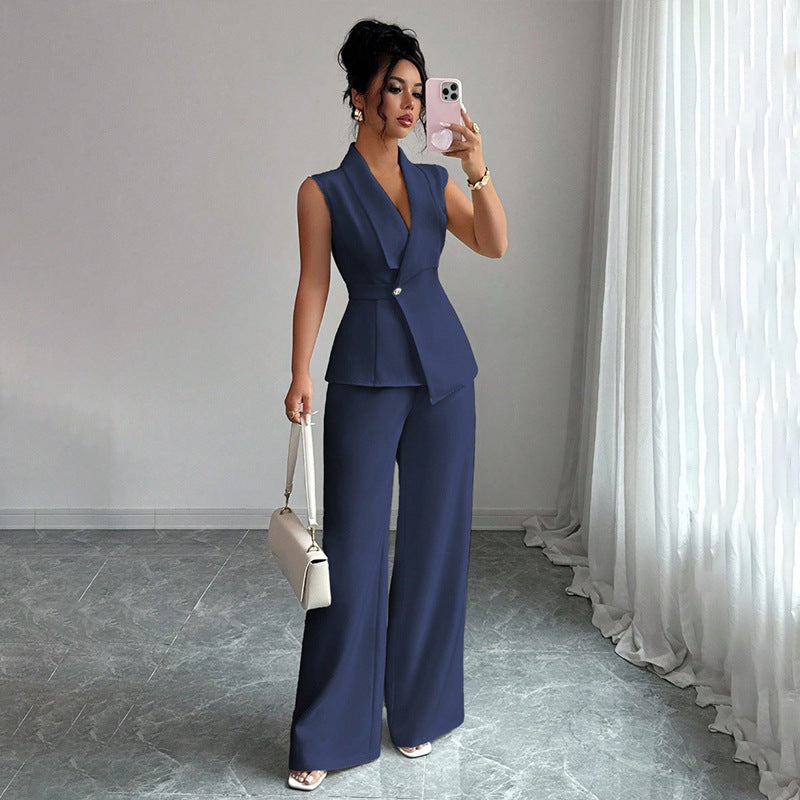 Women's Sleeveless Blazer & Straight-Leg Pants Two-Piece Set