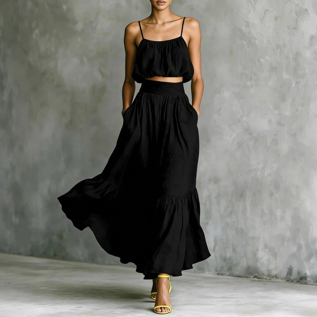 Women’s Two-Piece Flared Skirt Set – High-Waist Elegant Outfit