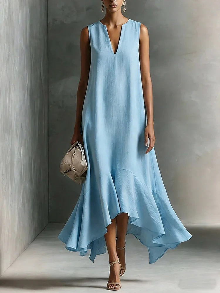 Women's Deep V-Neck Sleeveless Asymmetrical Maxi Dress – Patchwork