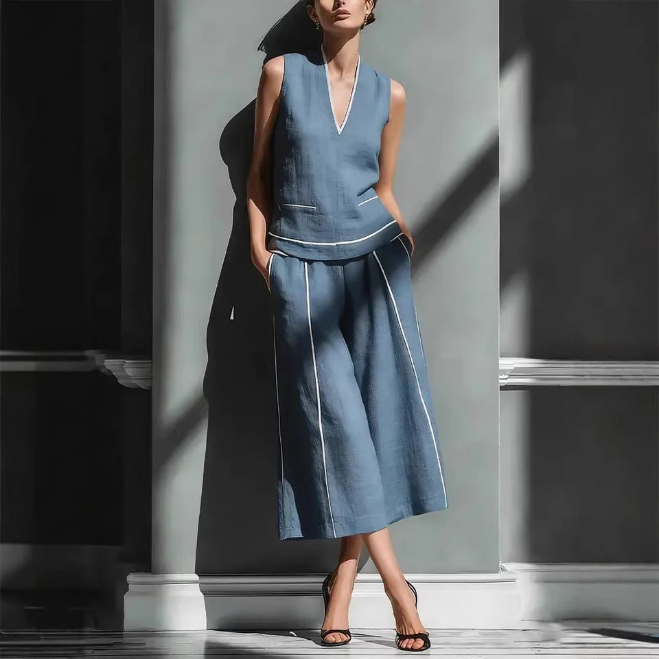 Women's Sleeveless Linen Shirt & Cropped Pants Set – Casual 2-Piece Outfit