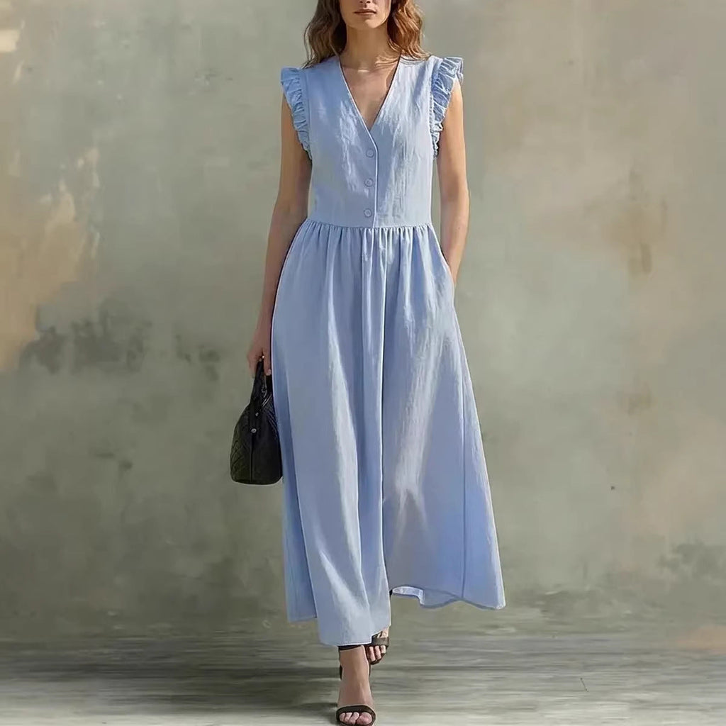 V-Neck Puff-Sleeve Dress with Pockets – Cotton Linen, 7 Colors