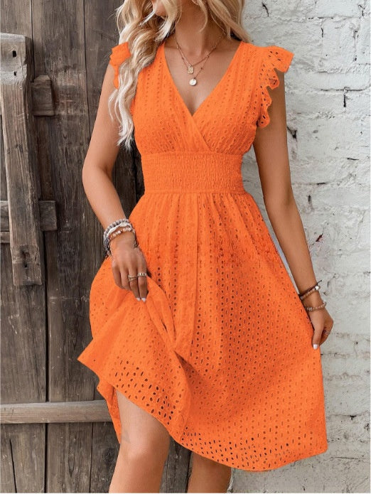 Waisted V-Neck Lace Midi Dress