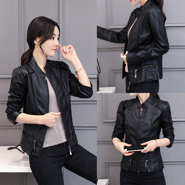 Korean-Style Slim Fit Motorcycle Leather Coat — Stand-Up Collar