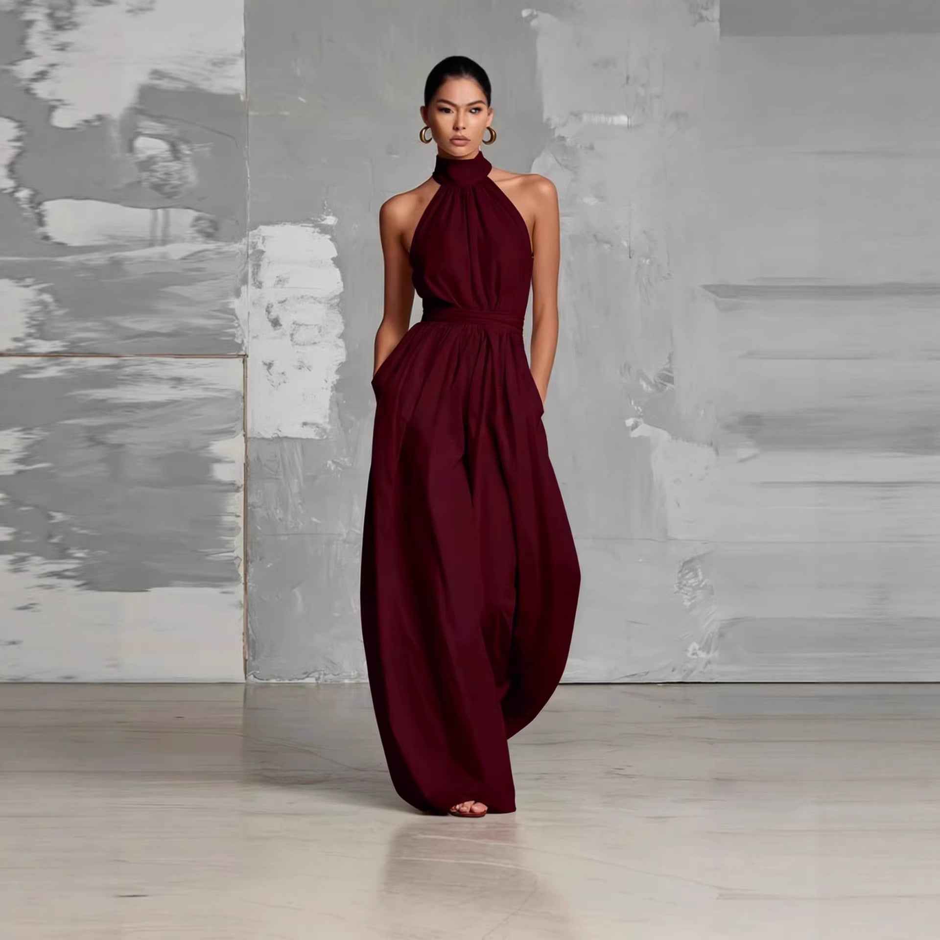 Women's Belted Pleated Jumpsuit – High-Waist Cinched Sleeveless