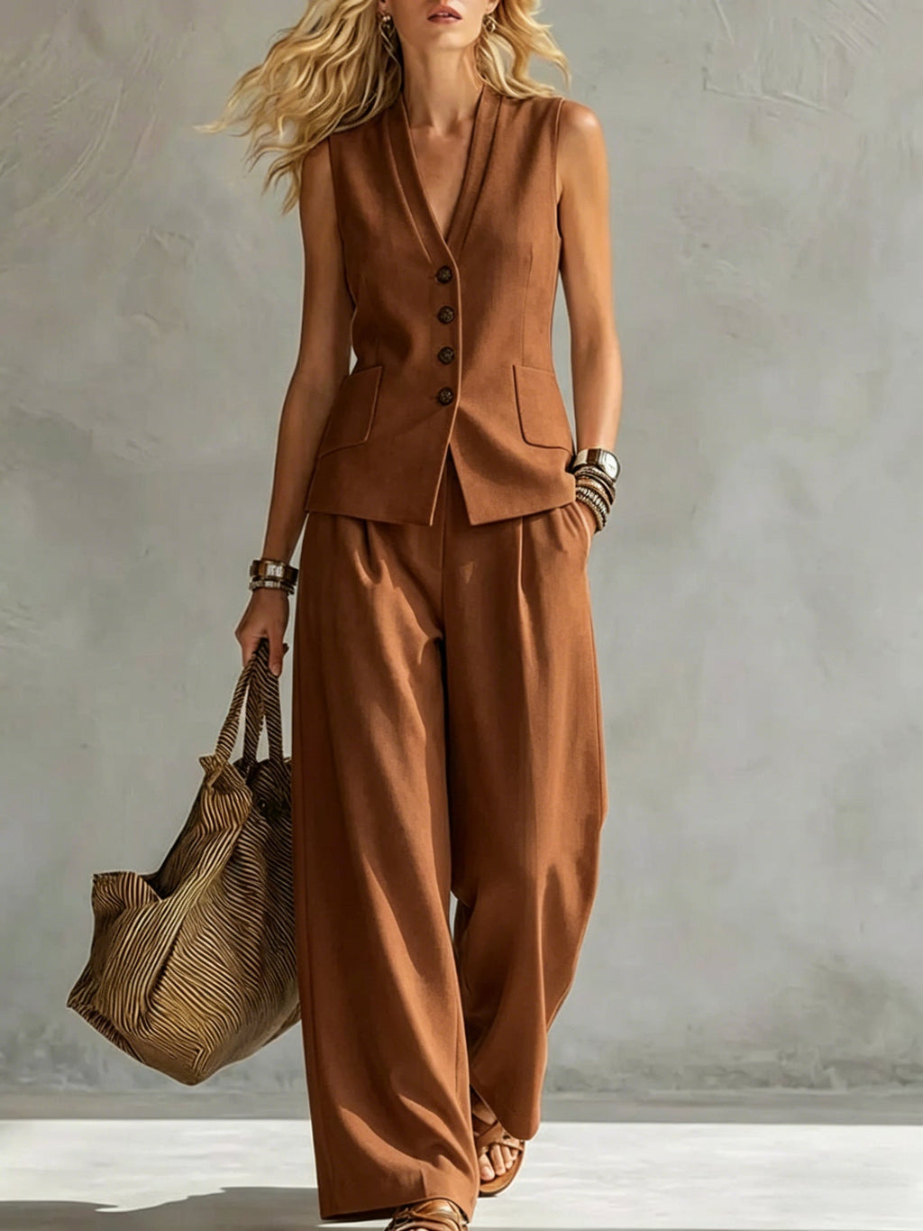 Women's Solid Linen Sleeveless Tank Top & Full-Length Pants Set