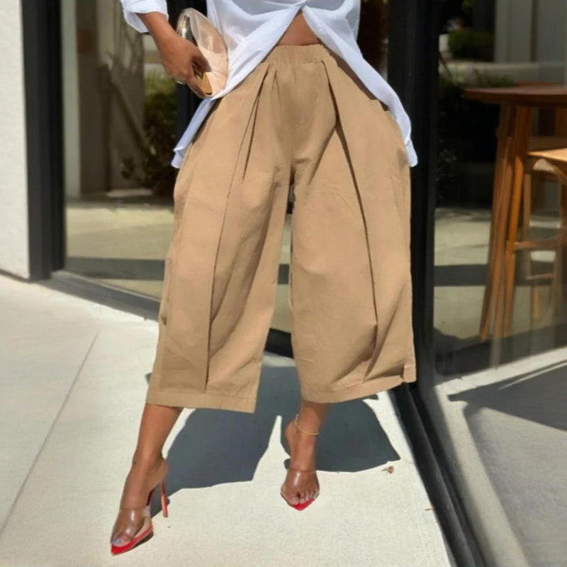 Women's Solid Color Cotton Wide Leg Cropped Pant