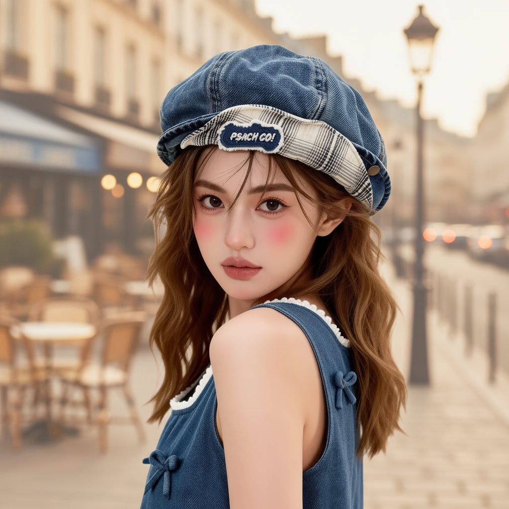 Double-Brim Turned-Up Denim Beret – Breathable Cotton Hat for Women