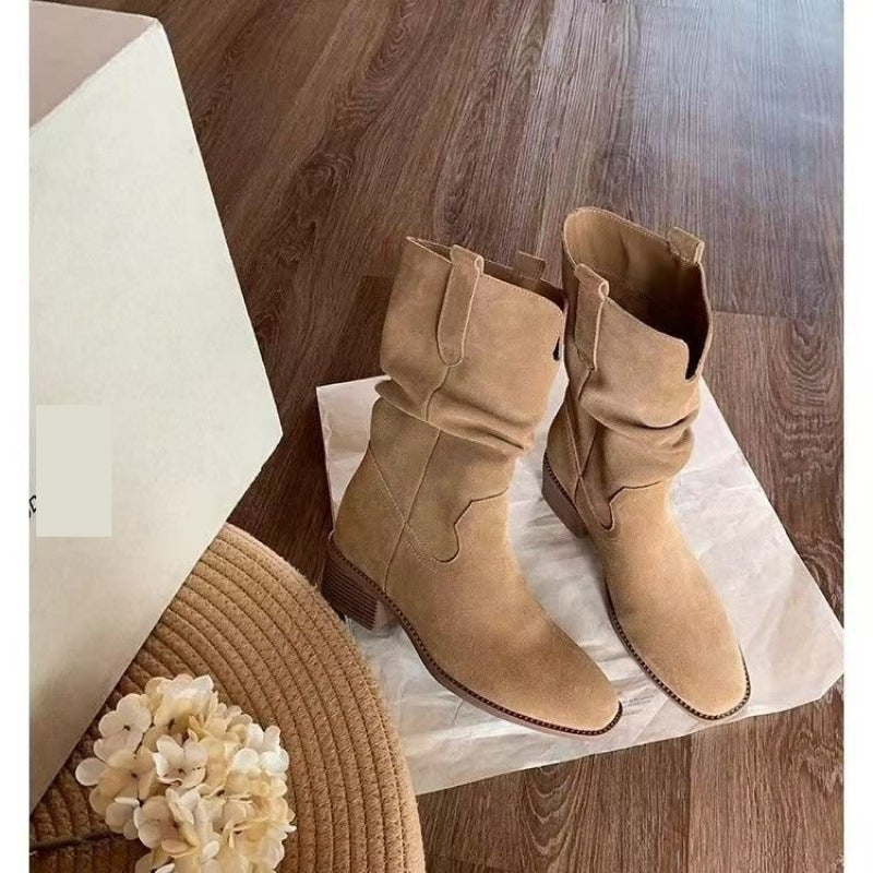 Autumn Western Pleated Short Cowhide Leather Boots for Women