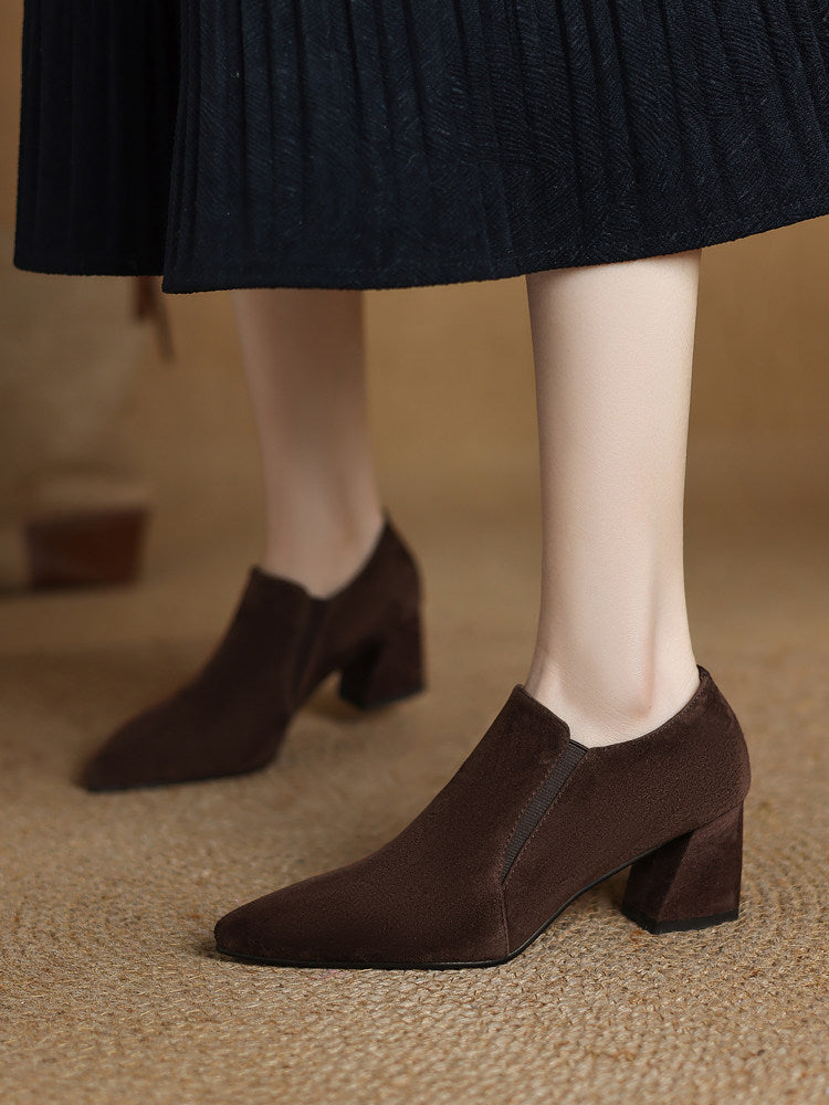 Women's Suede Pointed Toe Chunky Heel Pumps – Deep Vamp Low Heel
