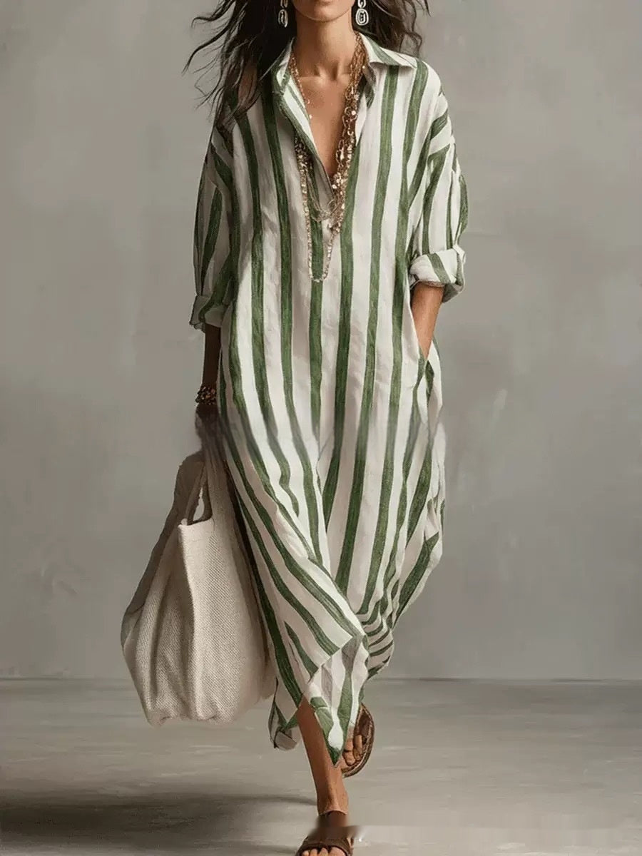 Striped Lapel Collar Dress – Side Slits & Pockets