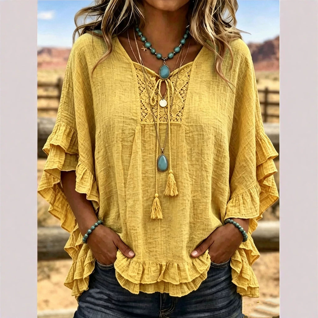 Women's Boho V-Neck Lace-Up Ruffle Sleeve Blouse – Lace Trim