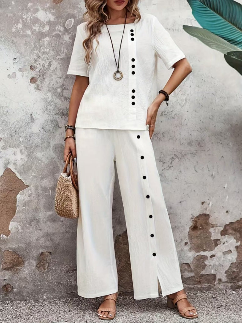 Women’s Button-Up Top and Loose Fit Two Piece Linen Set