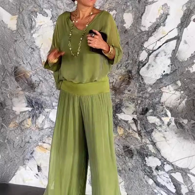 Solid-Color Chiffon Two-Piece Set – 10 Colors, S–5XL