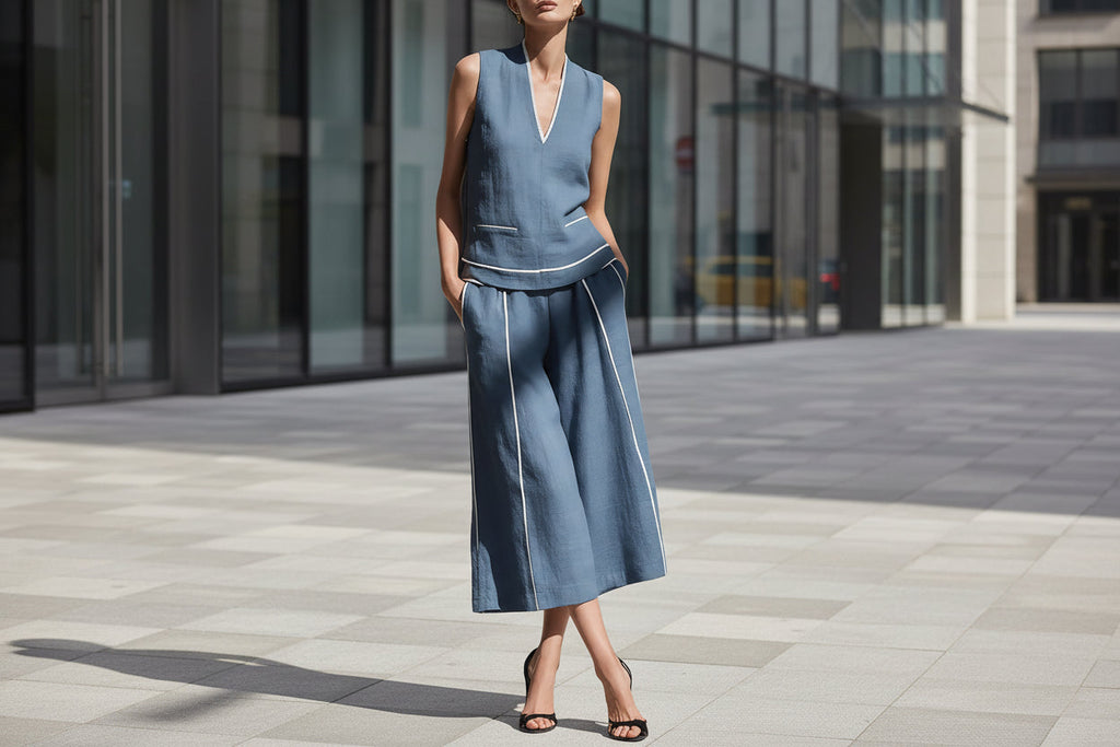 Women's Sleeveless Linen Shirt & Cropped Pants Set – Casual 2-Piece Outfit