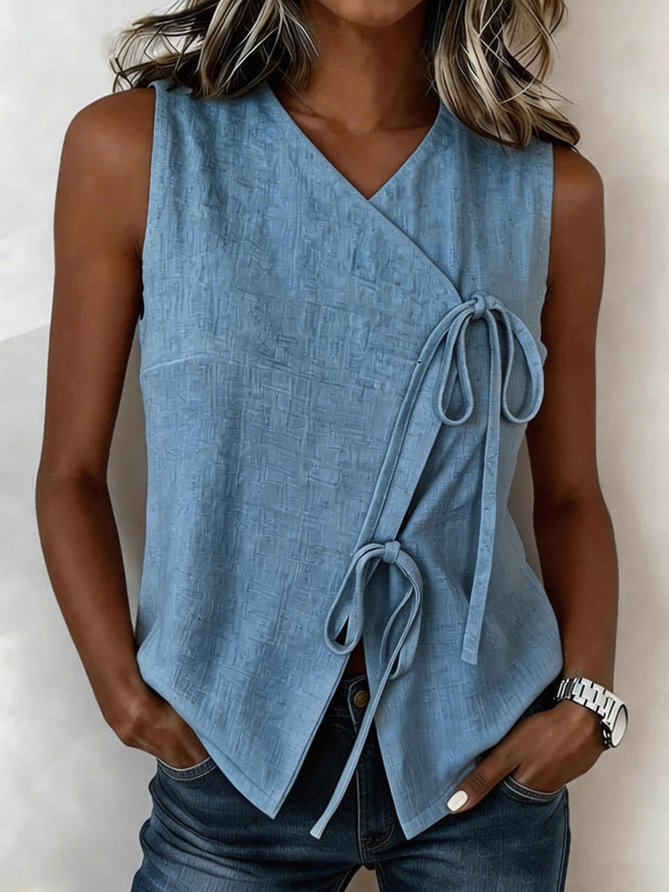 Bow-Tied V-Neck Sleeveless Tank Top – 5 Colors, S–XXL