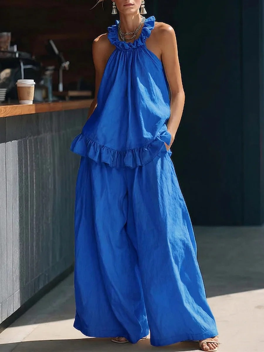 Halterneck Loose Two-Piece Set | Pleated Asymmetric Pocket Set