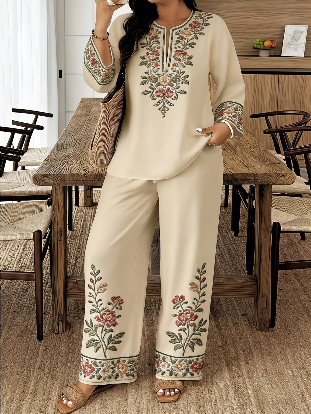 Women’s Ethnic Two Piece Set with Long Sleeve Shirt and Cropped Pants
