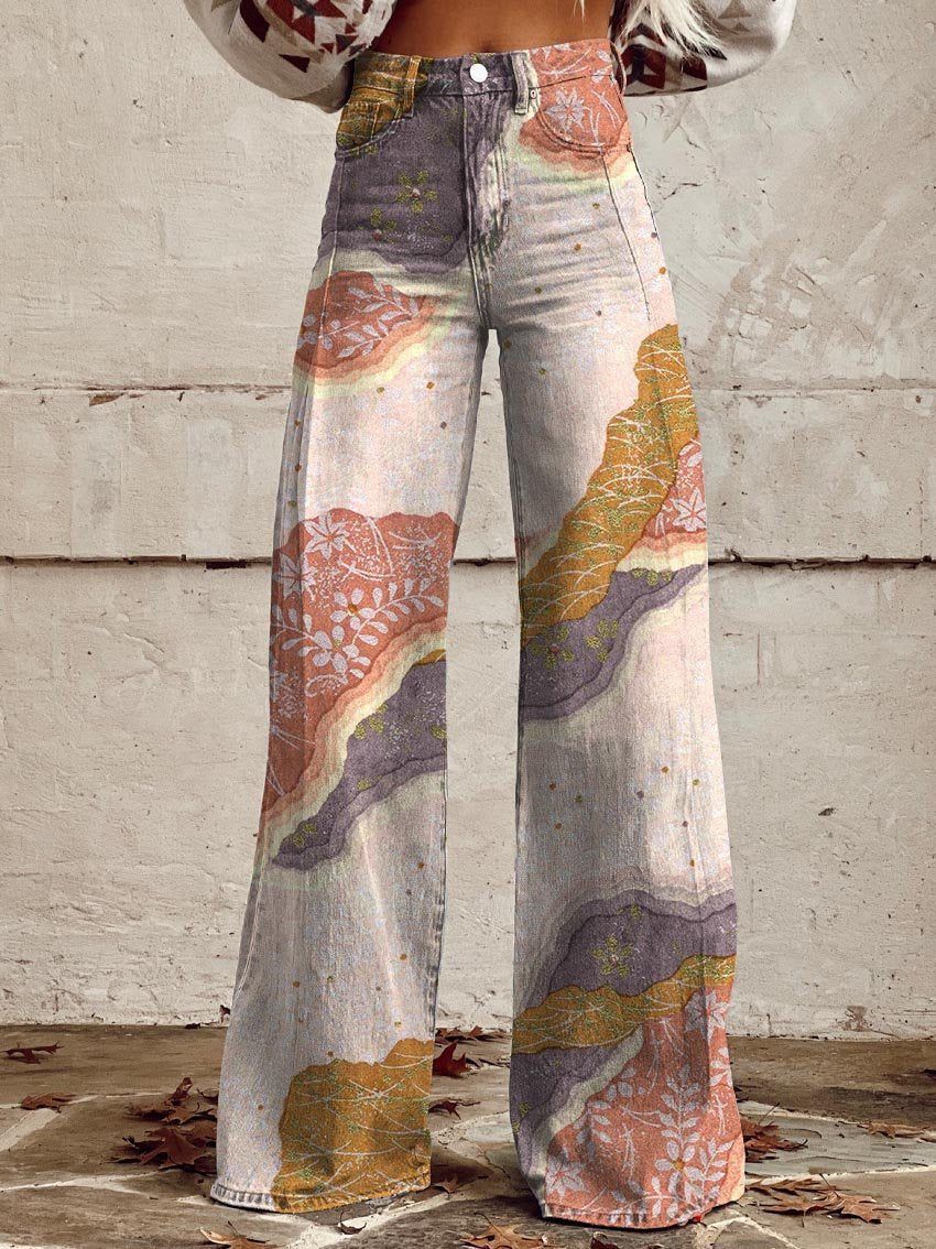 Women's Printed Flare Pants – Mid-Waist Full Length Plus Size