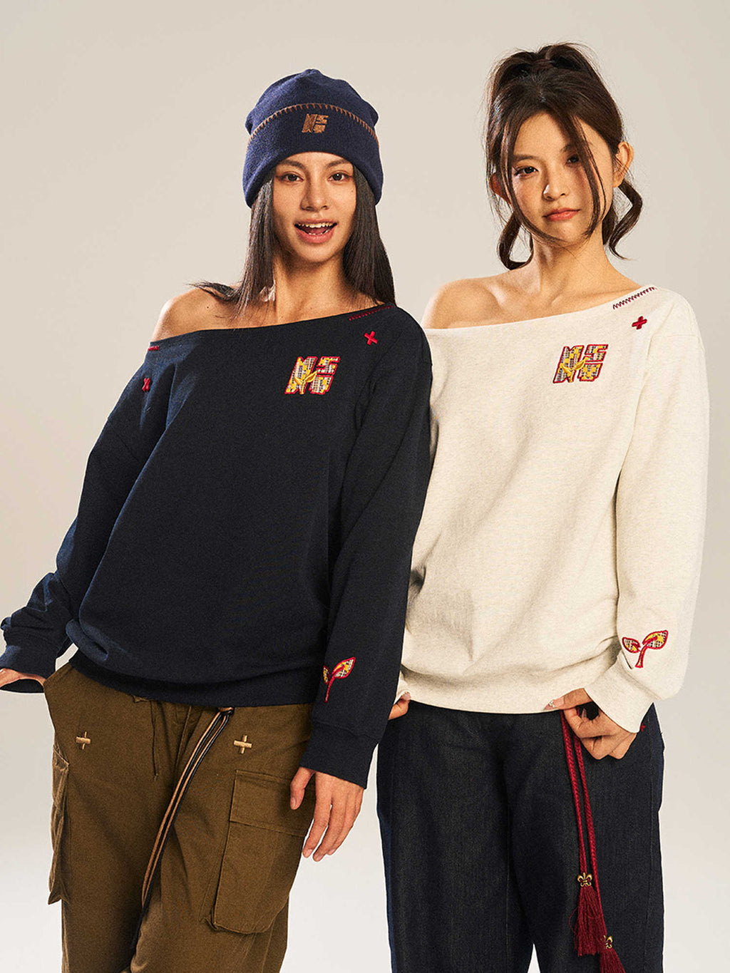 Women’s Slanted Shoulder Embroidered Long-Sleeve Top