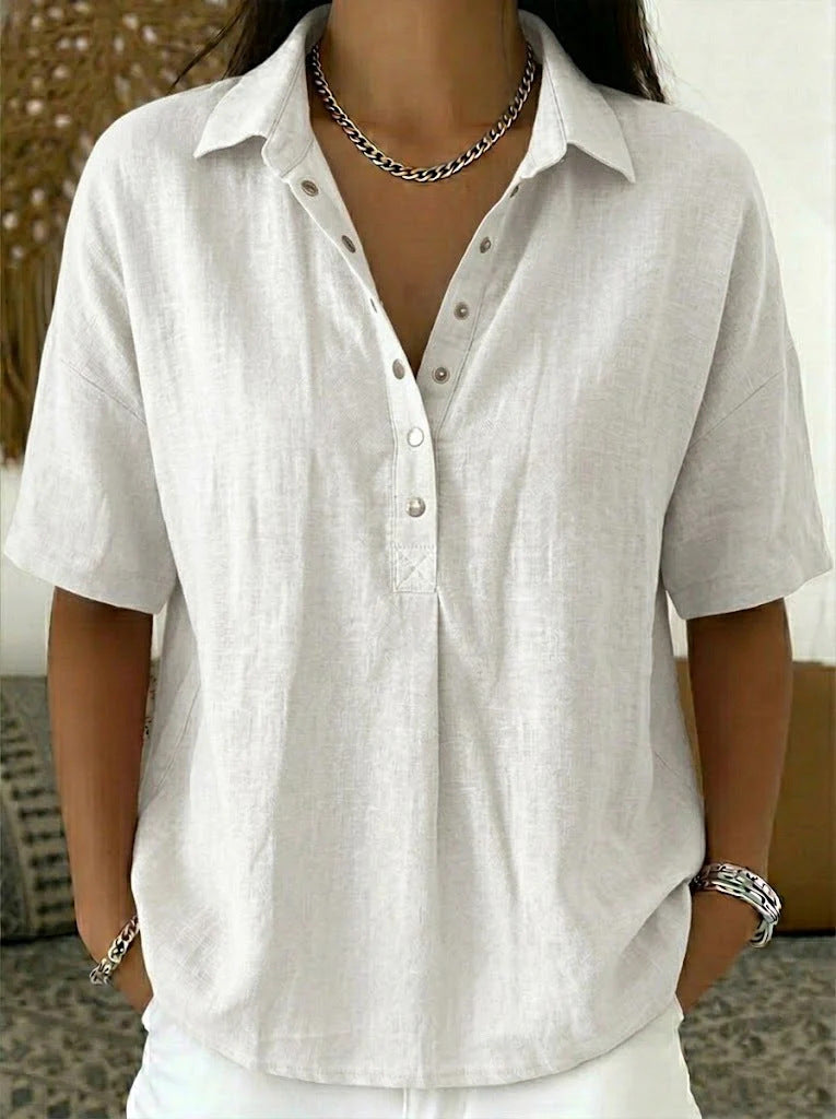 Short Sleeve Button Pullover Shirt – Solid Color Women’s Top