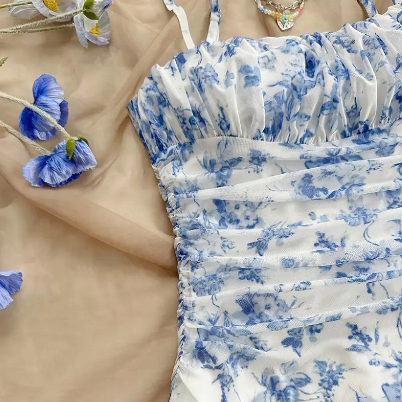 Boho Floral Spaghetti Strap Mini Dress – Ruched Ruffle Hem Vacation Sundress