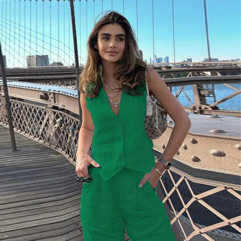 Women’s V‑Neck Button‑Front Vest & High‑Waist Pants Set