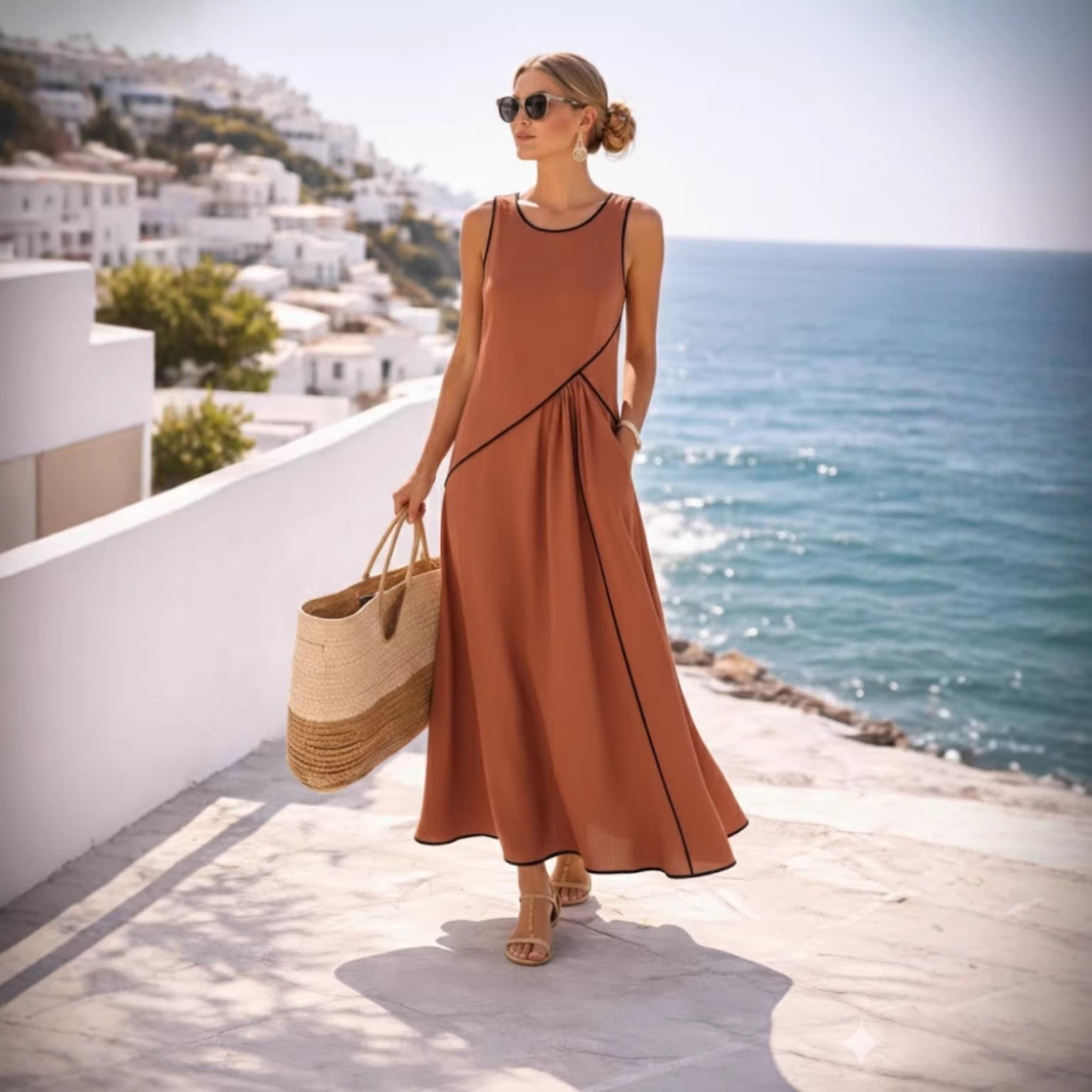 Mediterranean Contrast Color Vacation Dress – 7 Colors, S–3XL