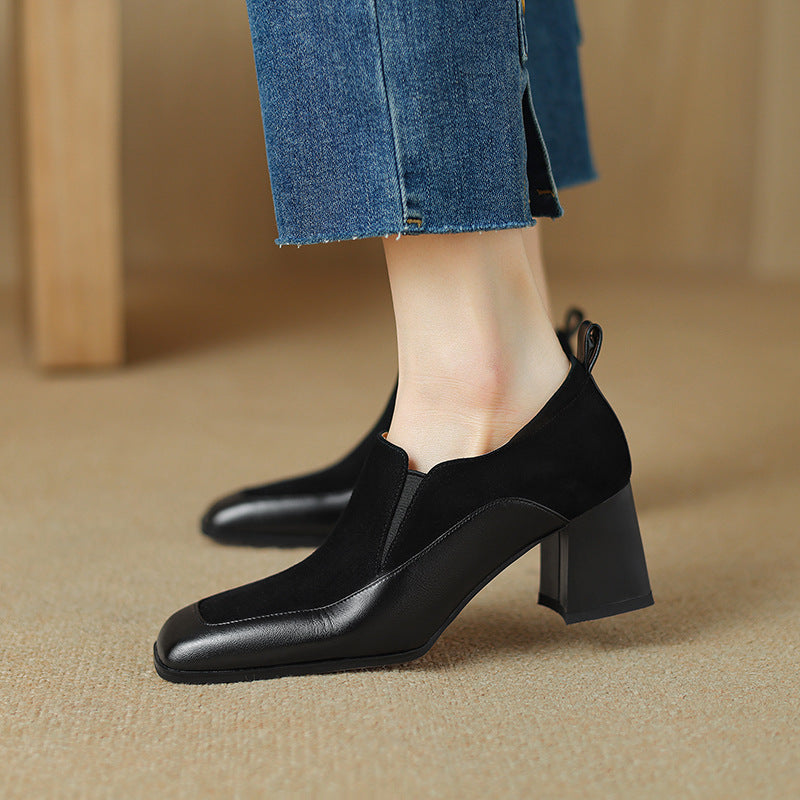 Women's Retro Cowhide Square Toe Chunky Heel Slip-On Pumps