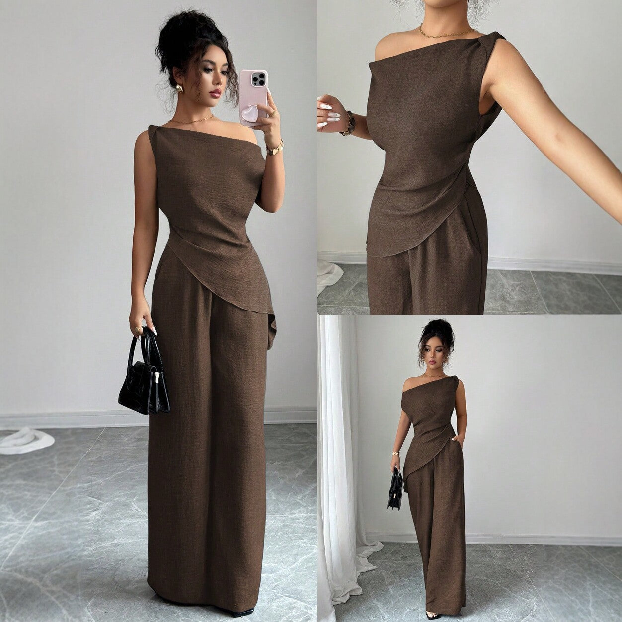 One-Shoulder Asymmetric Top & Wide-Leg Pants 2-Piece Set – Women's Elegant Co-ord Suit
