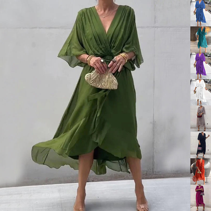 Batwing Sleeve V-Neck Midi Dress – Tied Irregular Hem Fairy Dress